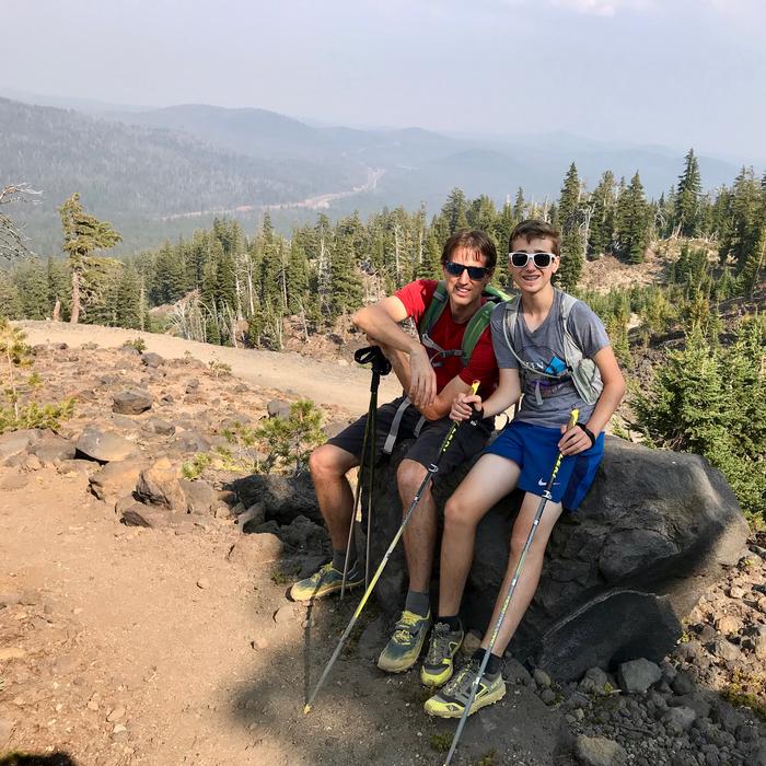 Xander and I taking a break during the descent Xander and I taking a break during the descent